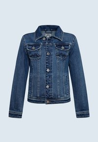 Farkkutakki tummansinisellä pesulla, jossa on kaksi rintataskua, hopeiset napit ja klassinen kaulus. Kulunut pinta korostaa muotoilua.