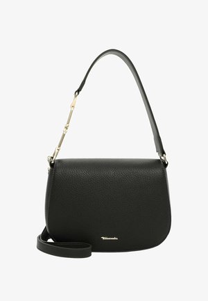 Sort læder crossbody taske med en struktureret overflade, guldfarvet hardware og en aftagelig rem. Kompakt, rund form med lynlås lukning.