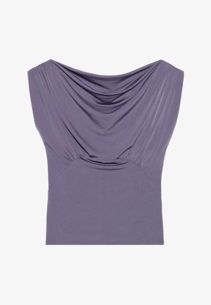 Lila enganliegendes Oberteil mit drapierter Ausschnittlinie, kurzen Ärmeln und gerafftem Textur, aus weichem, dehnbarem Stoff für Komfort hergestellt.