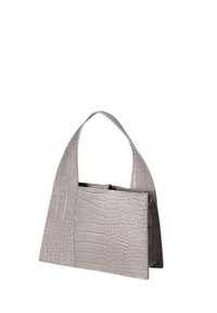 Borsa grigia in pelle sintetica di coccodrillo con forma geometrica strutturata e due manici allungati. Nessun hardware o dettaglio visibile.