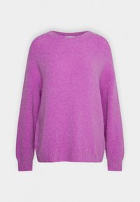Maglione rosa con scollo rotondo, maniche lunghe e polsini a costine. Il materiale ha una consistenza morbida e un aspetto leggermente peloso.