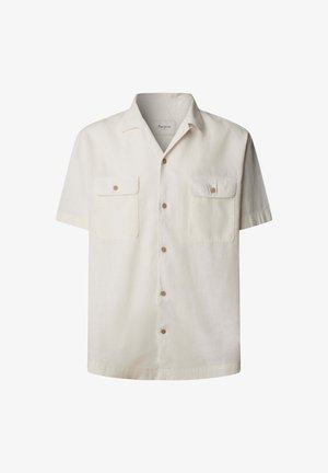 Kortærmet, cremefarvet skjorte med knapper, to brystlommer med knaplukning og en klassisk krave.