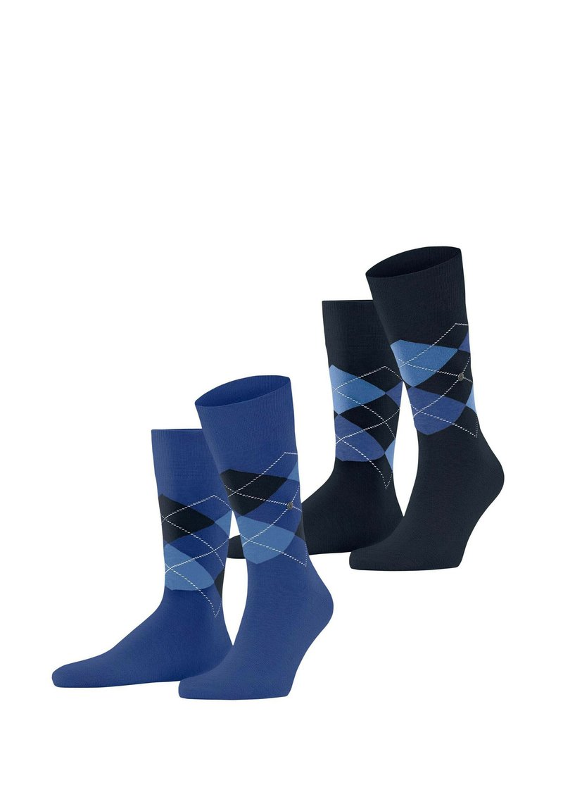 Ensemble de chaussettes bleu et marine, l'une unie bleu, l'autre avec un motif argyle en bleu, noir et accents blancs, bords côtelés, matériau doux.