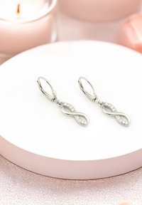 Silverörhängen med en oändlighetsdesign, prydda med klara kristaller längs kanten. De har en låsning med fjädrande bakstycke för säker användning.