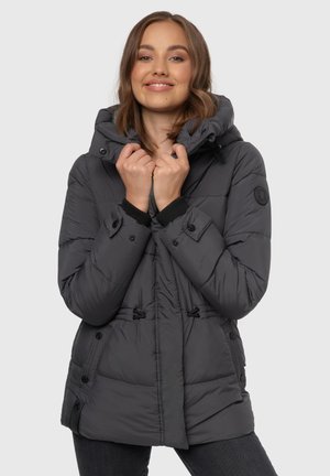 Gray insulated puffer jacket with a hood, featuring a quilted design, front buttons, and adjustable drawstrings at the waist.