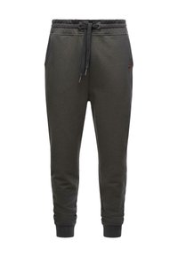 Pantalones de chándal verde oscuro hechos de una tela suave, con una cinturilla ajustable con cordones, bolsillos laterales y puños acanalados.
