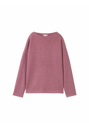 Langärmliger, lockerer Pullover aus einem weichen, rosa Strickmaterial. Rundhalsausschnitt und überschnittene Schultern, mit einer strukturierten Oberfläche.