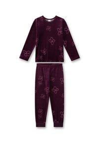 Paars velours pyjama set met lange mouwen en een elastische tailleband. Versierd met een bloemenpatroon in een iets lichtere tint.