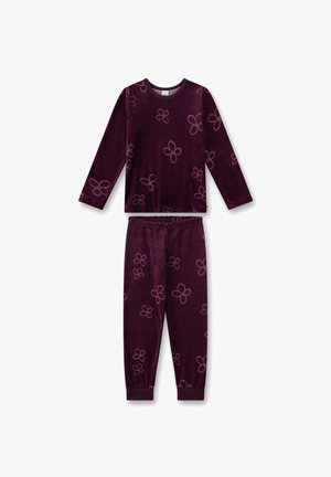 Lila Velours-Pyjama-Set mit langen Ärmeln und elastischem Bund. Akzentuiert mit einem Blumenmuster in einem leicht helleren Farbton.