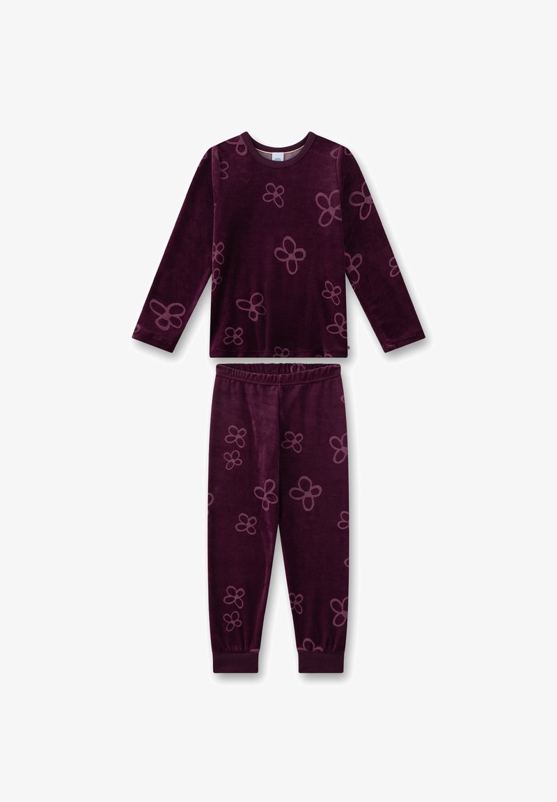 Purple velour pajama set featuring long sleeves and elastic waistband. Accented with a flower pattern in a slightly lighter shade.