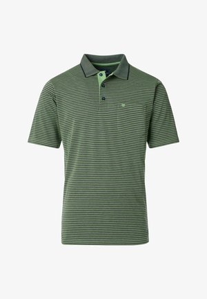 Grün und hellgrün gestreiftes Poloshirt mit Kragen, kurzen Ärmeln und einer Tasche auf der linken Brust. Mit dunkelblauen Akzenten.