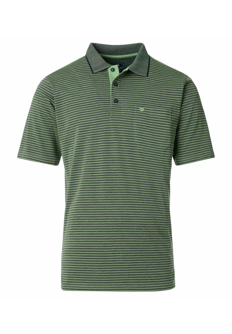 Zielona i jasnozielona w paski koszulka polo z kołnierzykiem, krótkimi rękawami i kieszonką na lewej piersi. Zawiera ciemnoniebieskie akcenty.