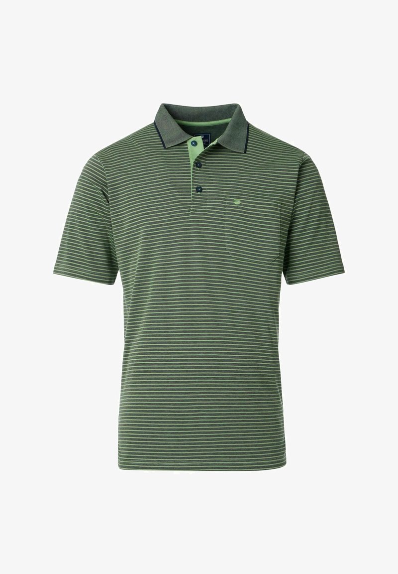 Zielona i jasnozielona w paski koszulka polo z kołnierzykiem, krótkimi rękawami i kieszonką na lewej piersi. Zawiera ciemnoniebieskie akcenty.