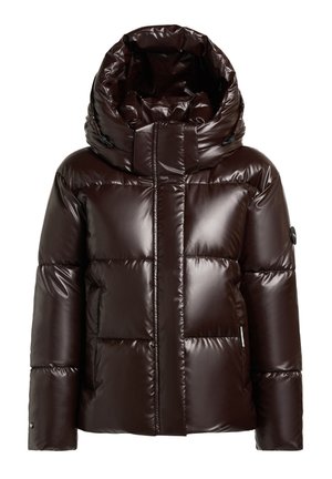 Hnedá nadýchaná bunda s lesklým povrchom, veľkou kapucňou, prešívaným dizajnom a predným zapínaním na zips. Na rukáve je logo.