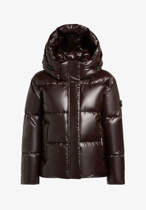 Ruda pūsta striukė su blizgia danga, dideliu gobtuvu, kviltuotu dizainu ir priekyje esančia užtrauktuko sagtele. Ant rankovės yra logotipas.