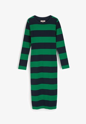 Sukienka z długim rękawem z naprzemiennie szerokimi zielonymi i granatowymi paskami, z prążkowaną fakturą i okrągłym dekoltem.
