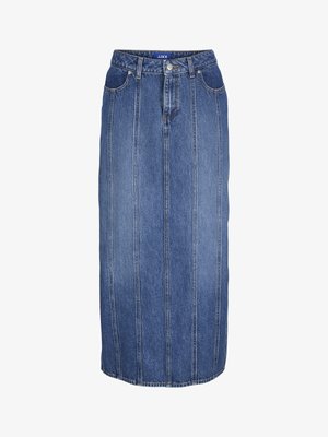 Jeansowa spódnica midi w ciemnoniebieskim kolorze, z dopasowaną talią, zapinana na guziki z przodu i pionowymi szwami. Klasyczny pięciokieszeniowy krój z widocznymi przeszyciami.