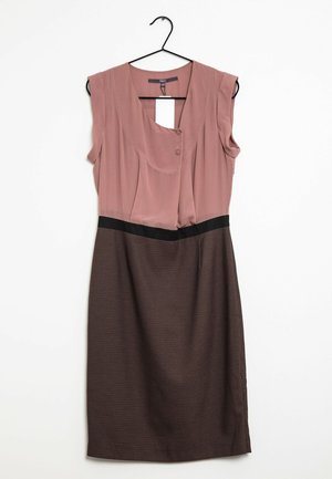 Sleeveless knee-length dress with mauve pleated top, black waistband, and brown textured skirt hanging on black hanger against white background.