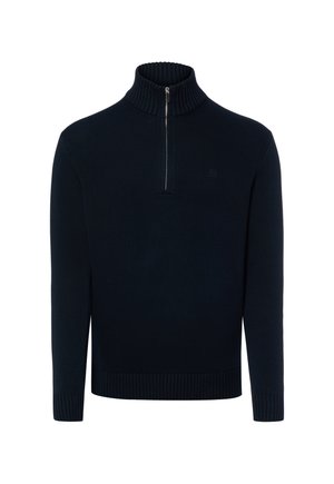 Dunkel marineblauer langärmliger Strickpullover mit halbseitigem Reißverschluss vorne und geripptem Kragen, Bündchen und Saum.