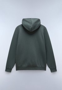 Sudadera de color verde oscuro hecha de material suave, con capucha ajustable, mangas largas y dobladillo y puños acanalados. Textura lisa.