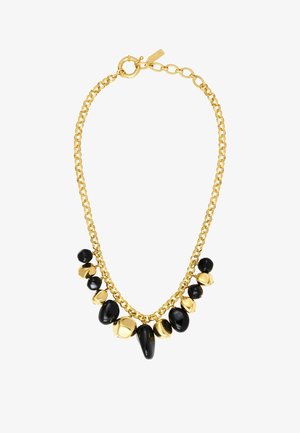 Collier chaîne en or avec breloques en perles irrégulières polies noires et dorées alternées et fermoir rond avec chaînette rallonge réglable.