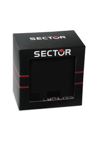 Black rectangular box with a transparent front window. Features red stripes and the word "SECTOR" prominently displayed in white.
