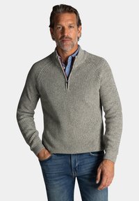 Grijze geribbelde trui met een kwart rits, voorzien van raglanmouwen en een textuur gebreid. Draag de trui over een blauwe blouse, gecombineerd met denim jeans.