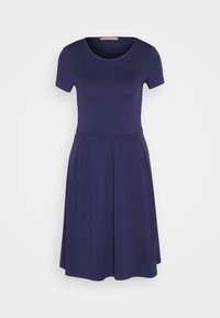 Abito a maniche corte in cotone viola scuro con scollatura rotonda e pieghe nella parte della gonna, che offre una texture e una vestibilità morbide.