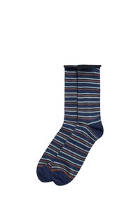 Calcetines de algodón con rayas horizontales en tonos azul marino, azul claro y óxido. Textura suave con un diseño de puño y puntera reforzados.