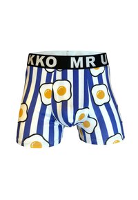 Siniset ja valkoiset raidalliset bokserit, joissa on paistetun kananmunan kuvio ja musta vyötärönauha, jossa on osittain valkoista tekstiä.