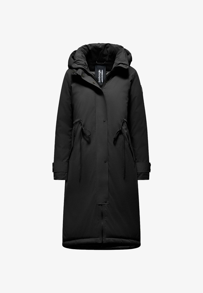 Zwart lange parka met capuchon, met trekkoorden in de taille, een rits aan de voorkant en drukknopen op de manchetten.