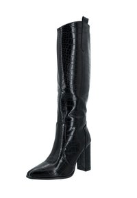 Bota negra de altura a la rodilla hecha de cuero sintético texturizado en forma de cocodrilo, con punta afilada y tacón grueso para mayor estabilidad.