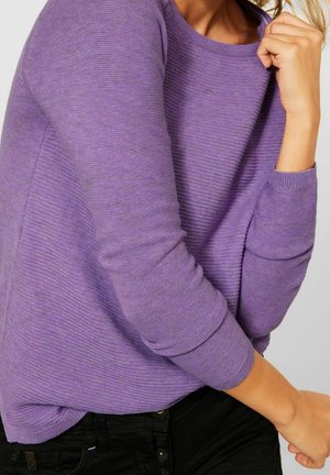 Maglione lavorato a maglia viola con texture a coste, scollo rotondo e maniche lunghe. Il tessuto appare morbido e leggermente elasticizzato.