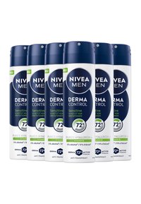 Six Nivea Men Derma Control Sensitive 72-hour anti-transpirant spray cans with hyaluronic acid and vitamin E, lined up on white background.