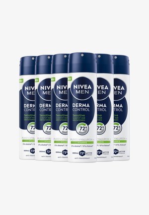 Six Nivea Men Derma Control Sensitive 72-hour anti-transpirant spray cans with hyaluronic acid and vitamin E, lined up on white background.