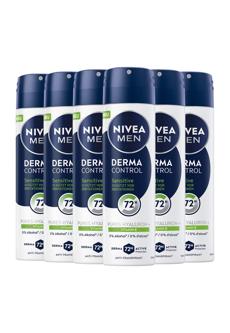 Six Nivea Men Derma Control Sensitive 72-hour anti-transpirant spray cans with hyaluronic acid and vitamin E, lined up on white background.