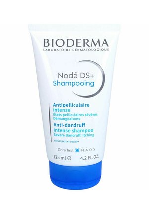 Bioderma Nodé DS+ Anti-Schuppen-Shampoo in einer weißen Tube mit blauer Kappe, versehen mit blauen und schwarzen Schriften, die die wichtigsten Vorteile und Anwendungshinweise hervorheben.