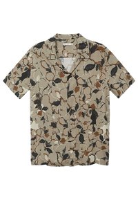 Chemise à manches courtes en tissu léger avec un fond beige orné de motifs abstraits dans des tons marron, noir et crème. Col en V.