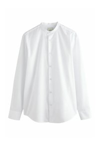 Camicia bianca a maniche lunghe con colletto alla cinese, polsini standard e una patta frontale liscia.