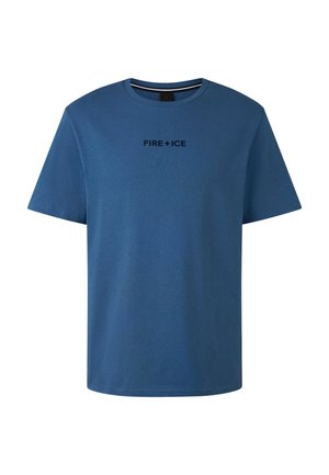 Modré bavlněné tričko s krátkým rukávem a kulatým výstřihem. Na hrudi se nachází černé logo "FIRE + ICE". Hladká textura.