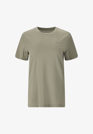 Kortærmet olivengrøn atletisk T-shirt med rund hals og diskret "Endurance"-logo på den øverste brystdel.