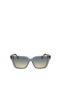 Szare plastikowe okulary przeciwsłoneczne o kwadratowym kształcie, z gradientowymi soczewkami i akcentami w stylu żółwia na zausznikach. Wyposażone w metalowe elementy na świątkach.