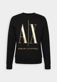 Sort sweatshirt med rund hals, prydet med et stort guld Armani Exchange-logo trykt på fronten. Blødt stof, lange ærmer.