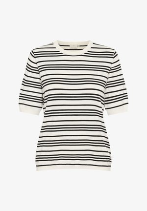 Haut en tricot à manches courtes noir et blanc rayé avec col rond et détails froncés sur les côtés. Tissu léger avec une texture douce.