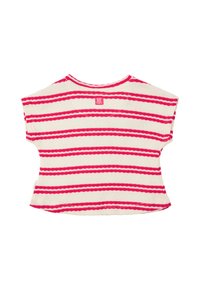 Gestreepte crop top in crème en roze, gemaakt van gestructureerde stof. Met korte mouwen en een ronde halslijn. Merktag bevindt zich aan de achterkant.