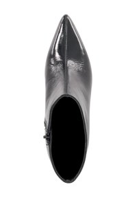 Black leather ankle boot with a pointed toe, smooth texture, and side zip closure, featuring a sleek silhouette and minimal detailing.