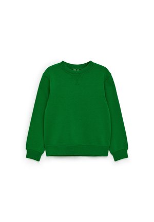 Zielona bluza z okrągłym dekoltem i długimi rękawami, z prążkowanymi ściągaczami przy mankietach i na dole oraz małym przeszyciem poniżej kołnierzyka.