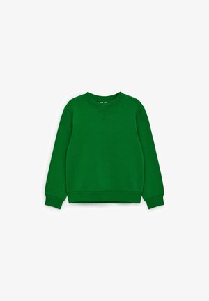 Felpa verde con scollo girocollo e maniche lunghe, polsini e orlo a costine e un piccolo dettaglio cucito sotto il colletto.