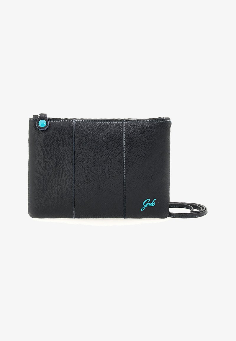 Pochette in pelle nera con finitura testurizzata, cuciture blu e zip in turchese; dotata di una tracolla rimovibile.