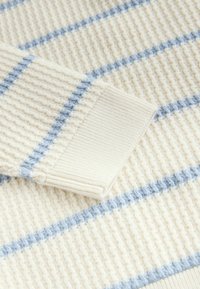 Tessuto lavorato a maglia con uno sfondo testurizzato color crema e strisce orizzontali blu. Il polsino è a coste e di colore crema uniforme.